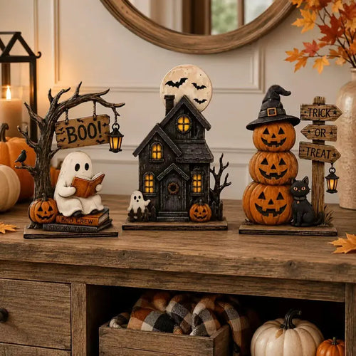 Vintage Halloween Tabletop Decor Set of 3, Resin Spooky Ornaments with Ghost, Haunted House, Stacked Pumpkin & Black Cat Figurines, Trick or Treat Sign, Fall Harvest Decor, Spooky Season Desktop Centerpiece for Home Mantel Shelf Decoration