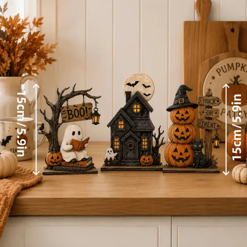 Vintage Halloween Tabletop Decor Set of 3, Resin Spooky Ornaments with Ghost, Haunted House, Stacked Pumpkin & Black Cat Figurines, Trick or Treat Sign, Fall Harvest Decor, Spooky Season Desktop Centerpiece for Home Mantel Shelf Decoration