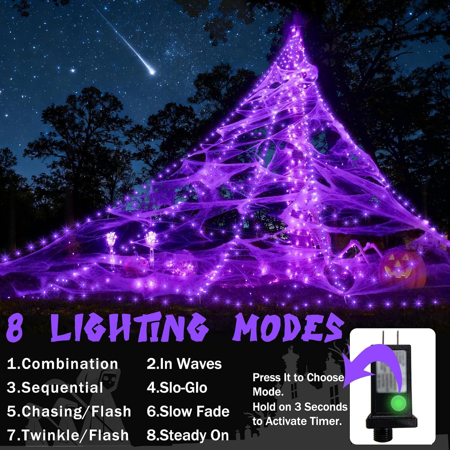 Spider Web Lights for Halloween Decorations Outdoor - 616 Leds, 8 Lighting Modes, 16.4 Ft Light up Giant Spider Webs (Purple)